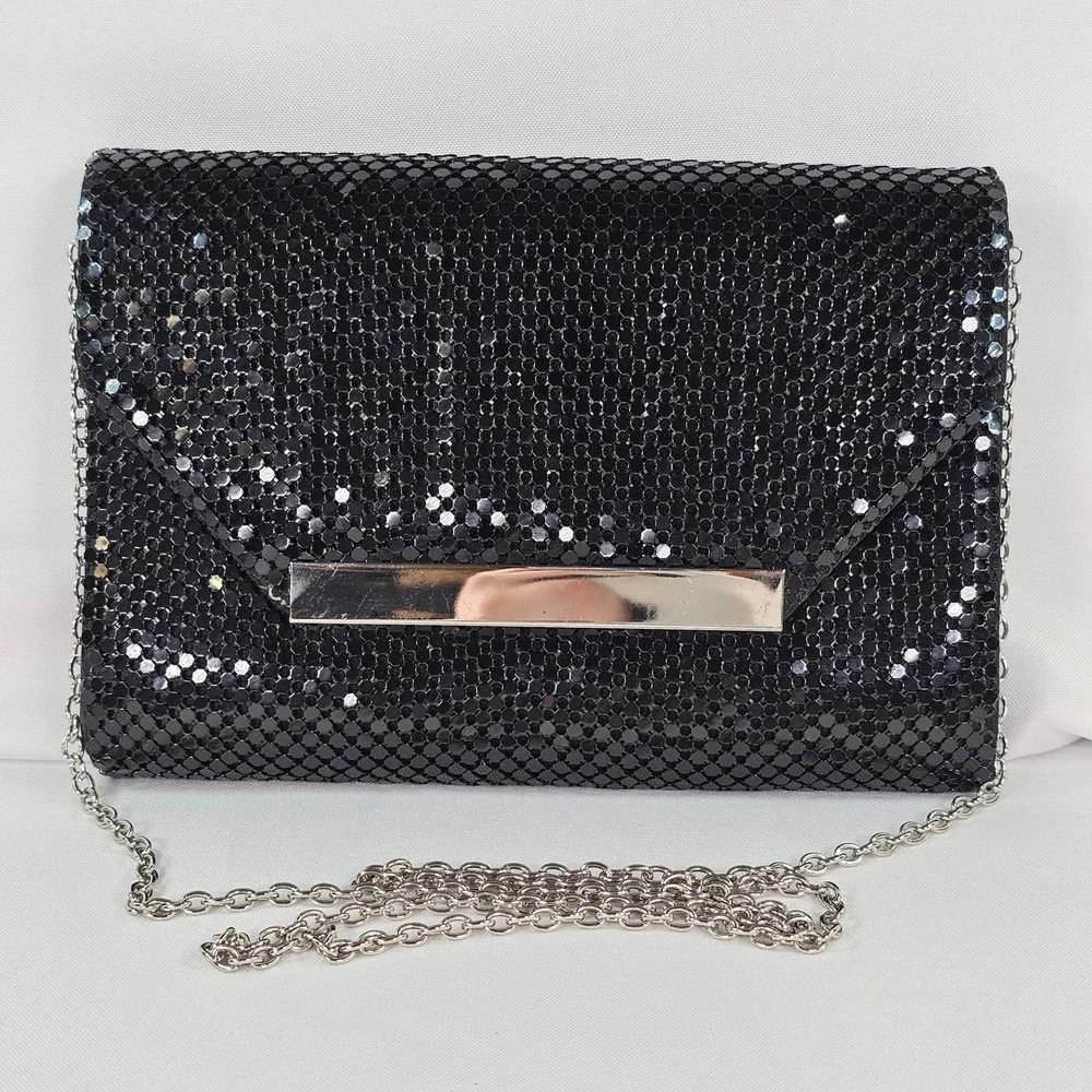 ALDO‎ Black Mesh Metal Tile Evening Clutch Bag with Chain Strap Silver Accent